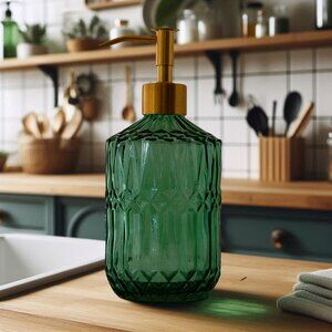 2pk - 400ml Emerald Green Crystalline Patterned Glass Soap Dispenser Metal Pump